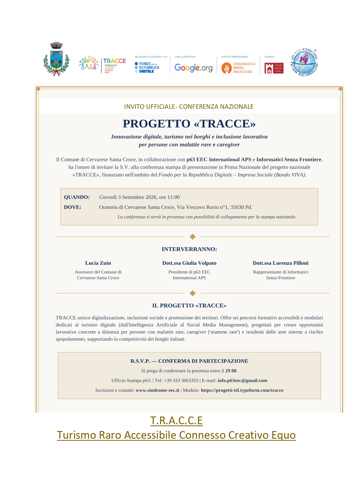 Invito conferenza stampa nazionale progetto TRACCE, 3 settembre 2026 Cervarese Santa Croce