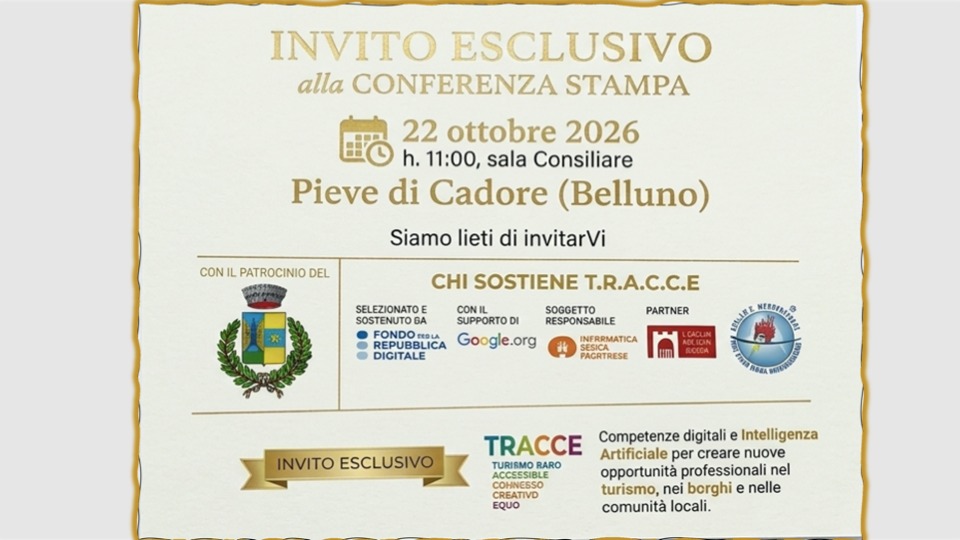 Invito esclusivo alla conferenza stampa T.R.A.C.C.E., 22 ottobre 2026 ore 11:00, Sala Consiliare di Pieve di Cadore